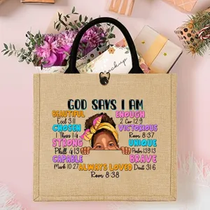 Inspirational Black Girl Burlap Tote Bag with Positive Quotes Daily Shopping Travel Bag