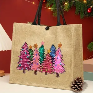 Jute tote bag with colorful Christmas tree print, large capacity for daily shopping.