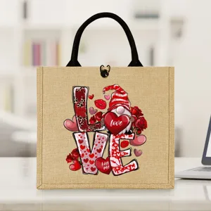 Detailed view of the Valentine gnome jute tote bag featuring cute heart and love patterns.
