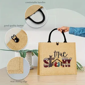 Burlap jute tote bag with nativity scene print and comfortable handles for shopping.