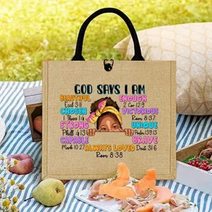 Inspirational black girl art jute tote bag with bible verses, casual shopping travel bag.