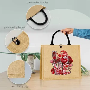 Valentine Gnome Jute Tote Bag with Comfortable Handles and Button Closure for Women