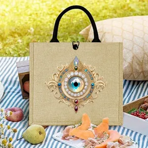 Natural jute tote bag featuring a mystic evil eye pattern, ideal daily casual handbag.