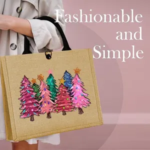 Christmas tree printed jute tote bag large capacity reusable grocery shopping picnic bag.