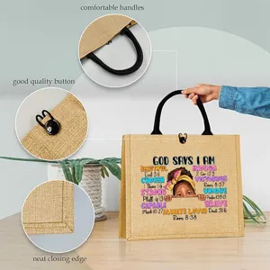 Inspirational Black girl burlap tote bag detail showing handles and button closure.