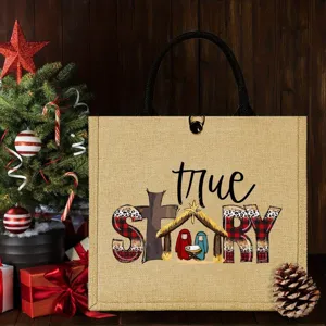 Christmas Nativity scene jute tote bag, reusable shopping bag with festive holiday design.