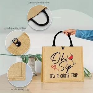 Sac cabas en jute pour voyage de filles avec impression de vin, anses et fermeture à bouton.