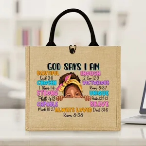 Motivational black girl burlap tote bag with inspirational bible quotes for daily shopping travel.