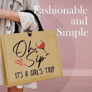 Sac Cabas en Jute pour Femmes Imprimé Lettres Verre à Vin Cœur Sac à Main Rétro Occidental Voyage Sac à Main pour Cadeau Amie
