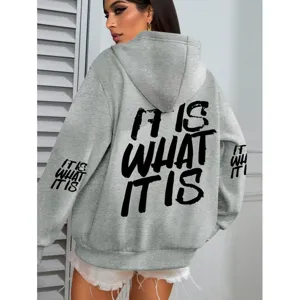 Women casual grey hooded sweatshirt featuring bold letter print long sleeve top wear