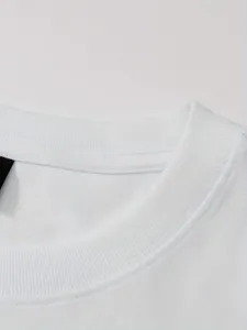 White cotton t-shirt collar detail close-up, premium fabric texture and neat stitching.