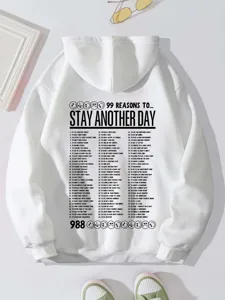 Back detail of white fleece hoodie with letter print, pocket and drawstring for women.