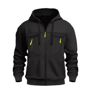 Men Zip Up Hoodie Fleece Lined Hooded Sweatshirt Loose Workwear Jacket Multi Pocket Long Sleeve Casual Solid Color Winter Top
