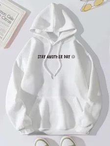 White fleece-lined hooded sweatshirt with kangaroo pocket and chest letter print for women.