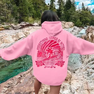 Sweat à Capuche Surdimensionné Femme Épaules Tombantes Imprimé Palmier au Coucher du Soleil Pull Décontracté Haut à Capuche Ample Graphique