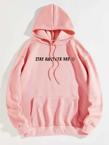 Women's fleece-lined pink hoodie with drawstring, kangaroo pocket, and letter print.