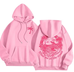 Women pink fleece hooded sweatshirt loose warm casual pullover with ocean print.