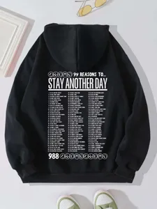 Black fleece-lined hoodie detailed with inspiring 99 reasons text and smiley graphic.