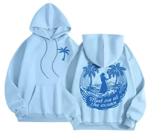Light blue fleece-lined hooded sweatshirt with beach ocean back print and ribbed cuffs.