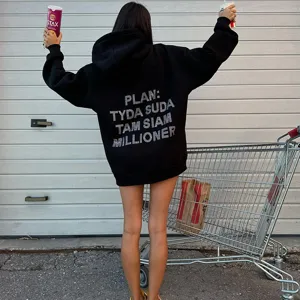 Sweat à capuche oversize noir pour femme, imprimé lettres en strass, haut streetwear.