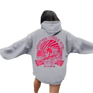 Sweat à capuche gris oversize pour femme avec épaules tombantes et imprimé surf rose streetwear