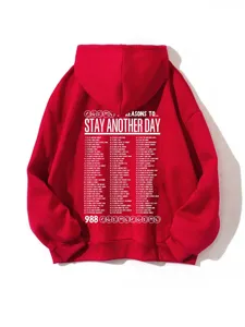 Red fleece hoodie featuring back graphic text and smiley print, comfortable streetwear style.