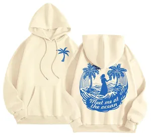 Women fleece hooded sweatshirt casual loose warm pullover with palm tree ocean graphic print