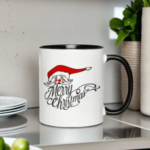 Ceramic coffee mug detail, classic Santa Claus illustration and Merry Christmas text design.