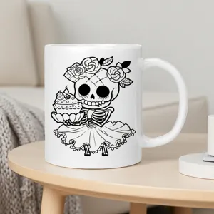 Tazza in Porcellana d Ossa Gotica Con Teschio di Zucchero Catrina Tazza da Caffè Arte Popolare Messicana Resistente al Calore Monostrato Con Manico Bianco Nero Tazza in Ceramica Ufficio