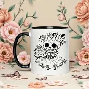 Vista dettagliata della tazza da caffè in ceramica teschio di zucchero gotico con scheletro.
