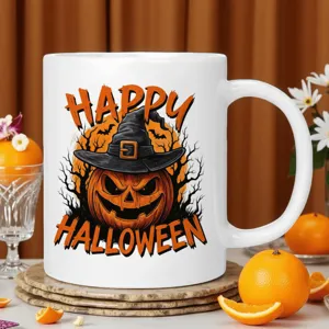 Detailed shot of a ceramic coffee mug featuring Halloween pumpkin and witch hat design.