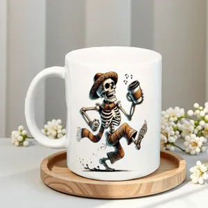 White ceramic coffee mug featuring a stylish dancing skeleton illustration for daily home and office use.