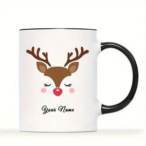 Gedetailleerde kerst rendier koffiekopje, gepersonaliseerde witte keramische mok met naam.