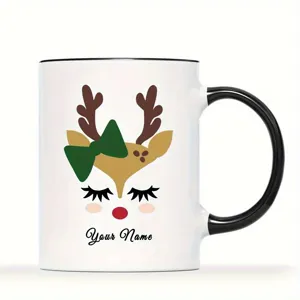 Kerst rendier keramische koffiemok met zwarte handgreep en aangepaste naamtekst voor feestdag
