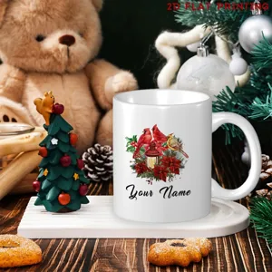 Eleganter Weihnachts Keramik Kaffeebecher Roter Kardinal Und Botanisches Blumenmuster Mikrowellengeeignet Feiertags Büro Becher Geschenk