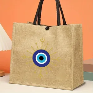 Evil eye burlap tote bag durable shopping handbag for daily travel picnic and outdoor party use