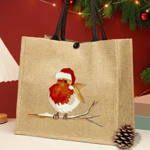Sac cabas en jute motif oiseau de Noël sac fourre-tout durable pour fêtes et cadeaux.