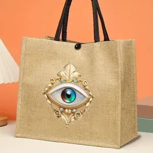 Mysterious evil eye print linen tote bag stylish casual shoulder bag for daily use