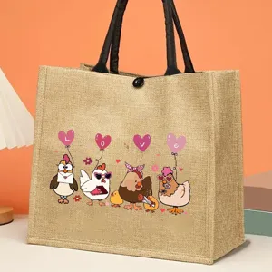 Burlap tote bag with cute farm chicken and love heart balloons print for casual daily use.