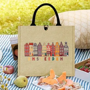Durable jute tote bag with Amsterdam city illustration, stylish reusable shopping and travel.