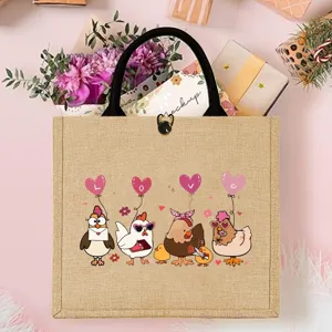 Valentine jute tote bag with cute farm chicken print, perfect pink gift bag for lovers.