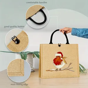 Sac cabas en jute avec imprimé oiseau de Noël, poignées confortables et bouton résistant fêtes.