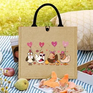 Aesthetic pink Valentine day jute tote bag with cute farm chicken print, ideal gift for her.