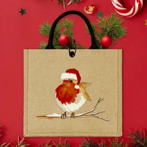 Sac cabas en jute imprime oiseau de Noel sac cadeau durable shopping fete de vacances