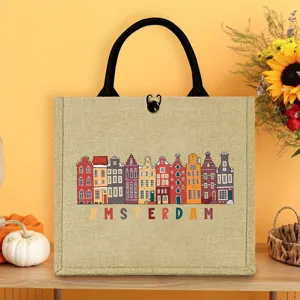 Amsterdam printed jute tote bag, stylish durable handbag for daily shopping and travel.