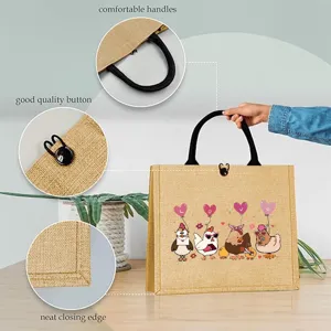 Valentine's day jute tote bag with cute farm chicken print, durable handles and button detail.