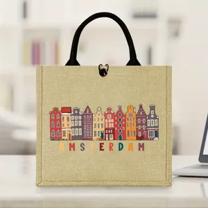 Canvas jute tote bag with Amsterdam city print, casual fashion handbag for travel and daily use.