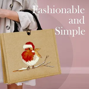 Sac à Main en Jute et Lin Imprimé Oiseau Rouge-gorge de Noël Sac de Shopping Cadeau Durable Avec Poignées pour Fête Femme
