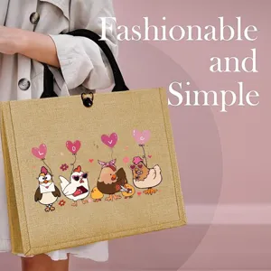 Valentine Day Linen Handbag Romantic Pink Farm Chicken Heart Balloon Printed Tote Top Handle Travel Storage Bag For Women Gift