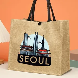 Grand sac cabas en jute avec graphique de Séoul, sac à main de voyage et shopping durable.
